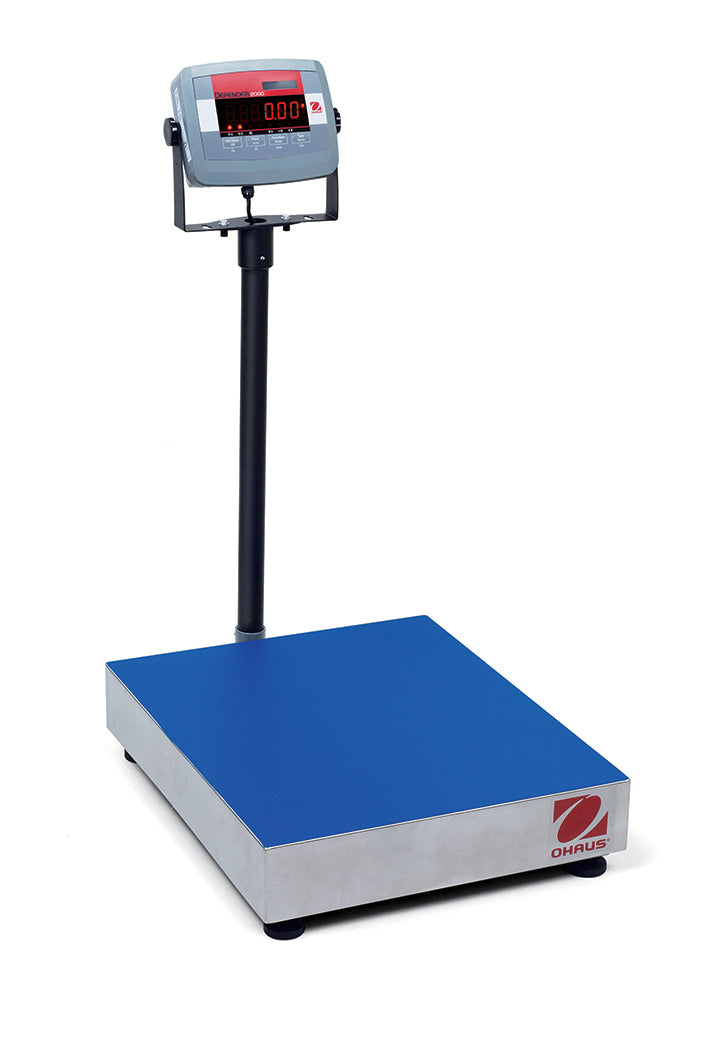 Stativwaage Defender 2000 von Ohaus,  mit Netz- und Akkubetrieb, von 60 kg bis 150 kg, Edelstahl Wiegefläche 400 x 500 mm