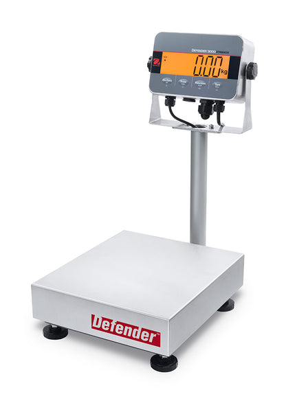 Stativwaage von Ohaus,  Defender Hybrid 3000, mit Netz- und Akkubetrieb, von 15 kg bis 60 kg, Edelstahl Wiegefläche 305 x 355 mm